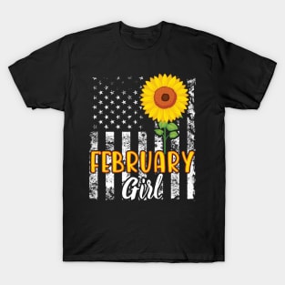 US Flag And Sunflower Happy Birthday February Girl Daughter T-Shirt